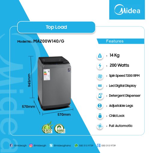 MIDEA-14KG-TOP-LOAD-FULL-AUTO-WASHING-MACHINE-MA200W140/G - Image 2