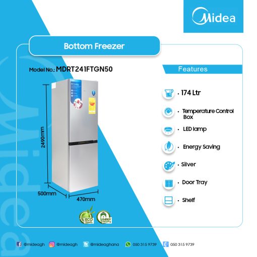 MIDEA-174-LTR-DOUBLE-DOOR-BOTTOM-FREEZER-MDRT241FTGN50 - Image 2