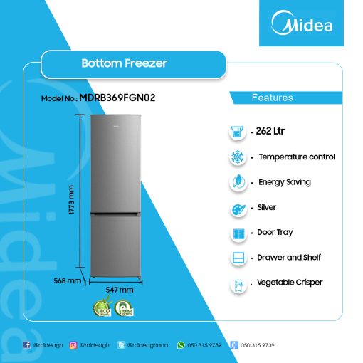 MIDEA-262-LTR-DOUBLE-DOOR-BOTTOM-FREEZER-MDRB369FGN02 - Image 2