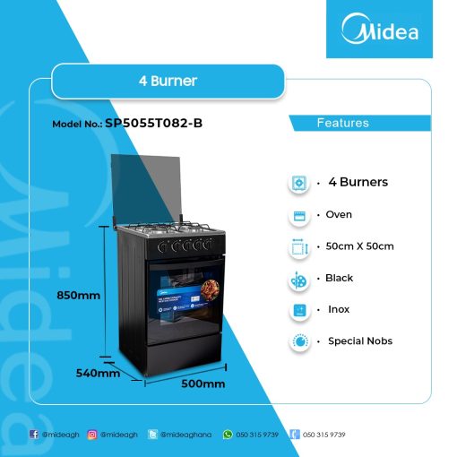 MIDEA-4-BURNER-GAS-COOKER-BLACK-MIRROR-SP5055T082-B - Image 2