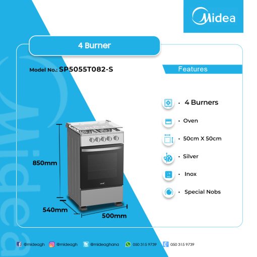 MIDEA-4-BURNER-GAS-COOKER-SILVER-MIRROR-SP5055T082-S - Image 2