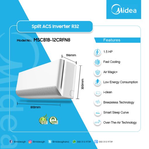 MIDEA- SPLIT-ACS-INVERTER-BREEZELESS-R32-1.5HP- MSCB1B-12CRFN8 - Image 2