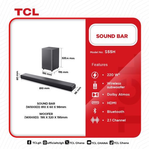 TCL-AUDIO-SOUND-BAR-200W-S55H - Image 2