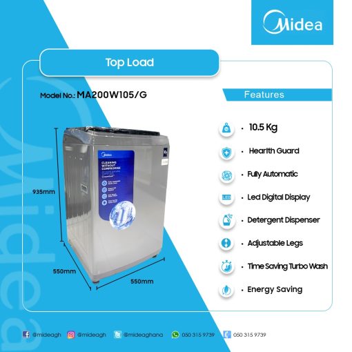 MIDEA-10.5KG-TOP-LOAD-FULL-AUTO-WASHING-MACHINE-MA200W105/G - Image 2