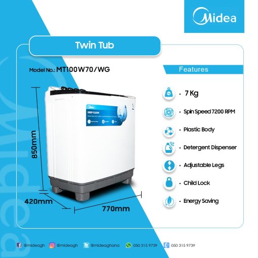 MIDEA-7KG-TWIN-TOP-WASHING-MACHINE-MT100W70/WG - Image 2