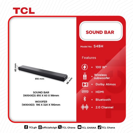 TCL-AUDIO-SOUND-BAR-100W-S45H - Image 2